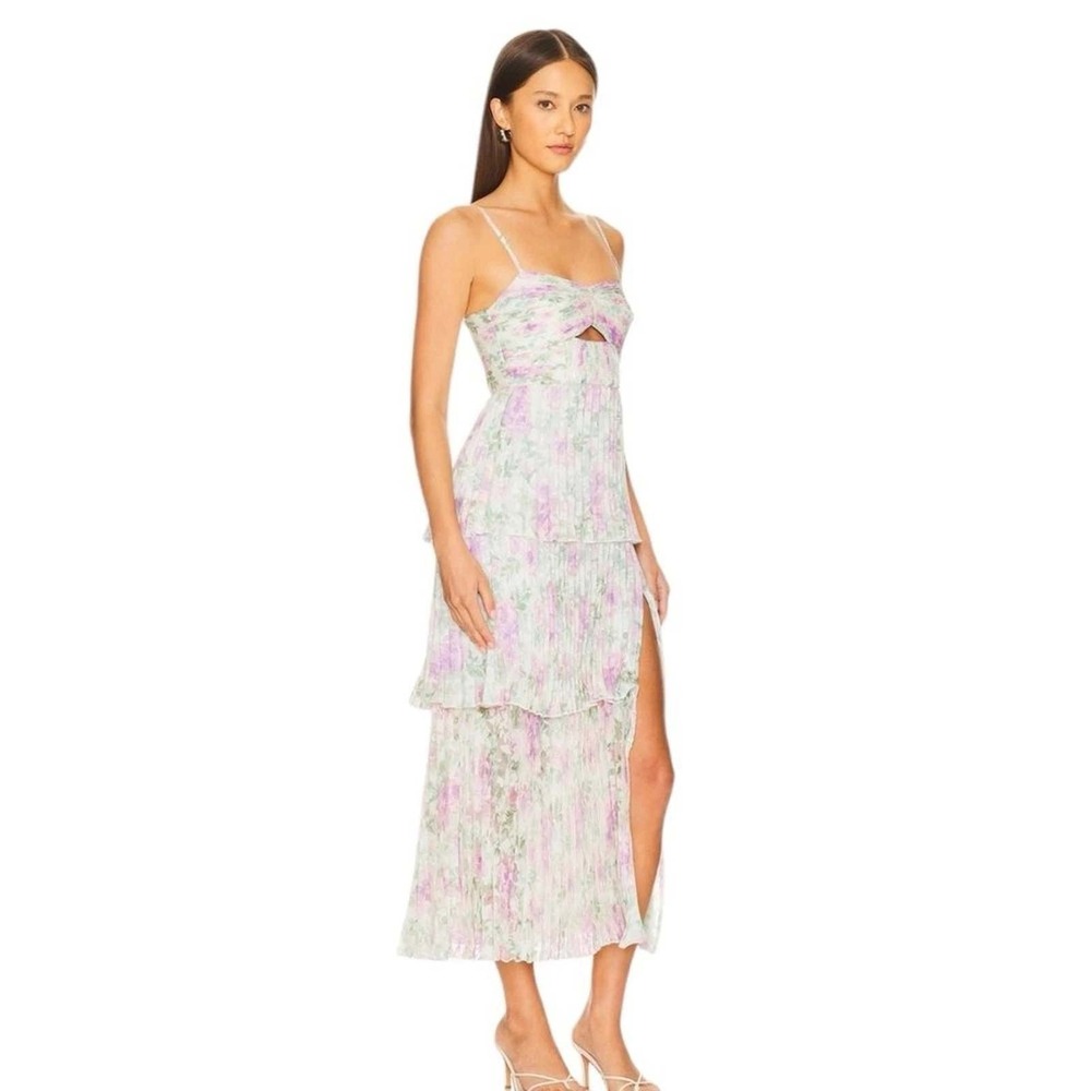 NWT ASTR The Label Purple Floral Mesh Tiered Pleated Midi Dress Size M
